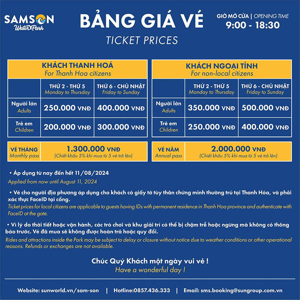 Bảng giá vé Sun World Sam Son áp dụng đến ngày 11/08/2024